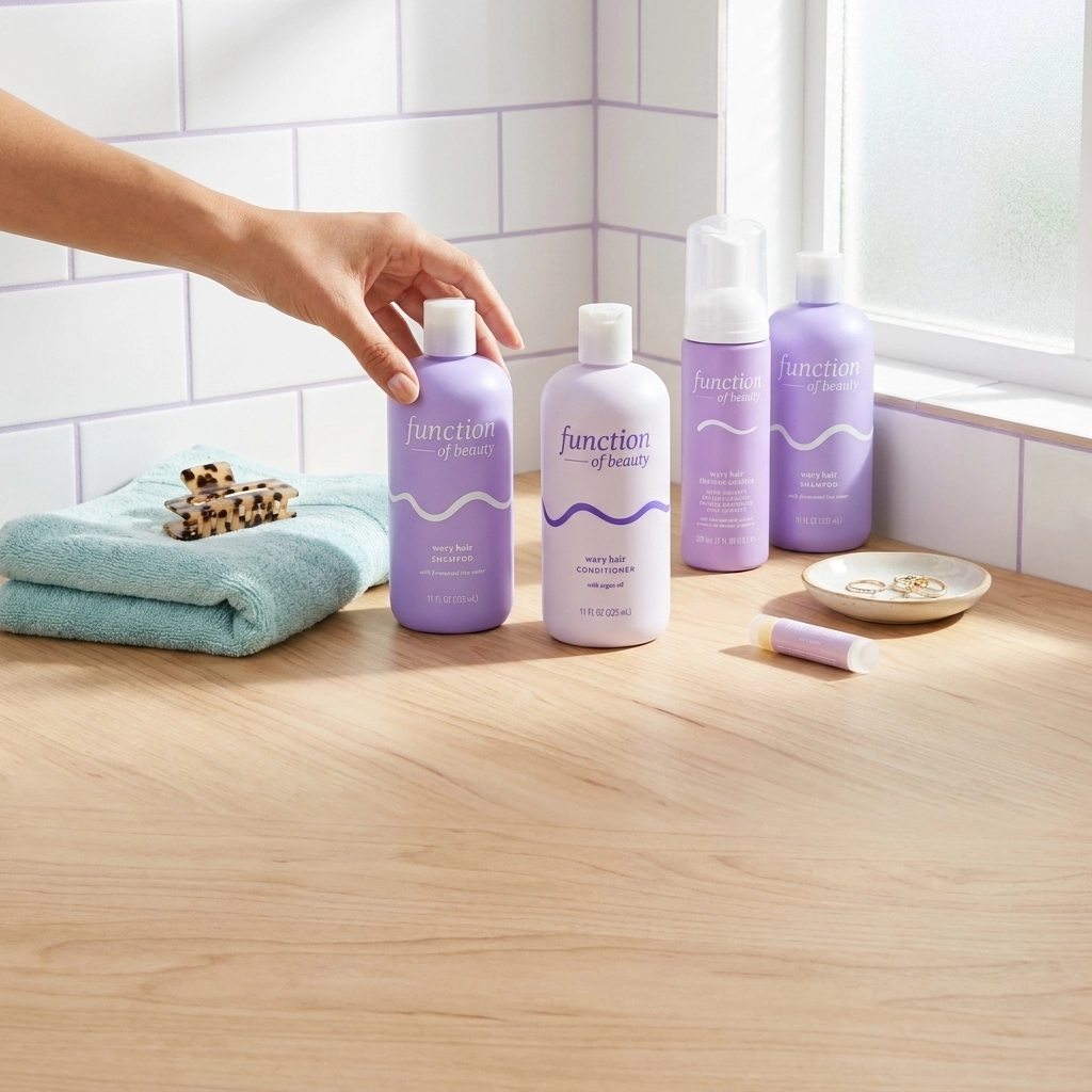 Bottles of Function of Beauty haircare on a wooden shelf beside a towel