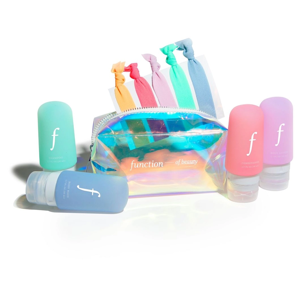 Iridescent toiletry bag with colorful travel bottles